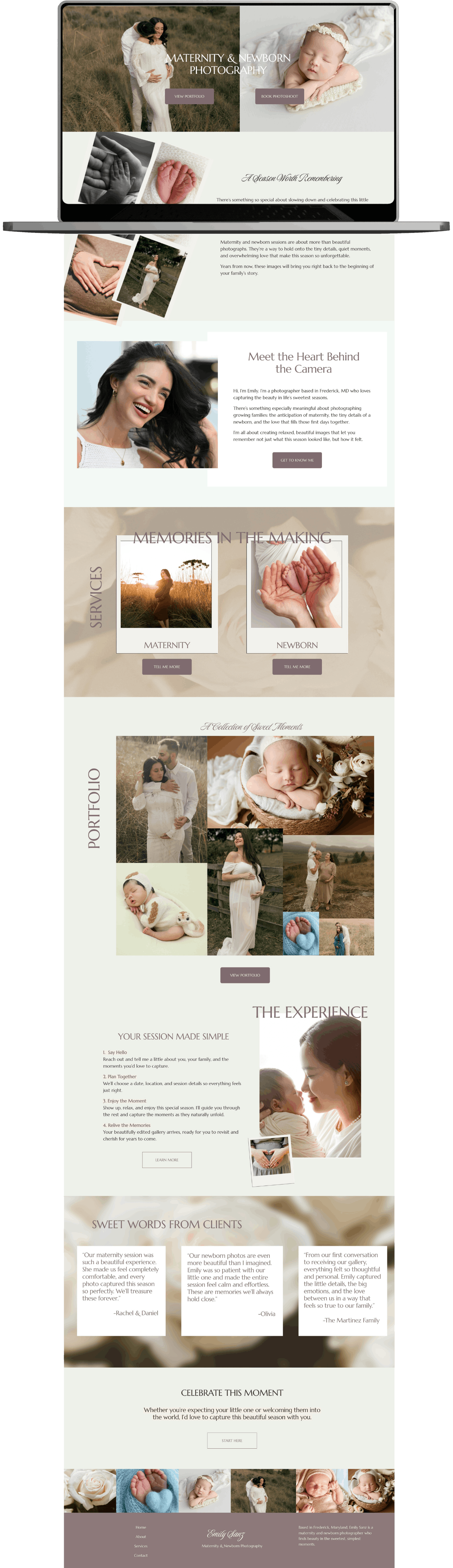 A website homepage for a maternity and newborn photography service showcases a large header image of a pregnant woman with a man in a field, alongside a photo of a sleeping newborn. The site features sections on the photographer's story, services like maternity and newborn shoots, a portfolio grid of family and baby photos, client testimonials, and contact information. The design includes soft, neutral colors, elegant fonts, and a mix of portrait and candid photos celebrating family moments.