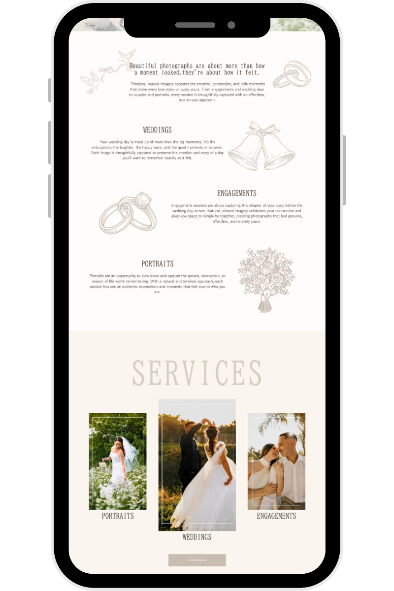 A smartphone displaying a webpage for a photography service, featuring sections on weddings, engagements, and portraits, with images of a bride, a couple dancing, and a couple embracing.