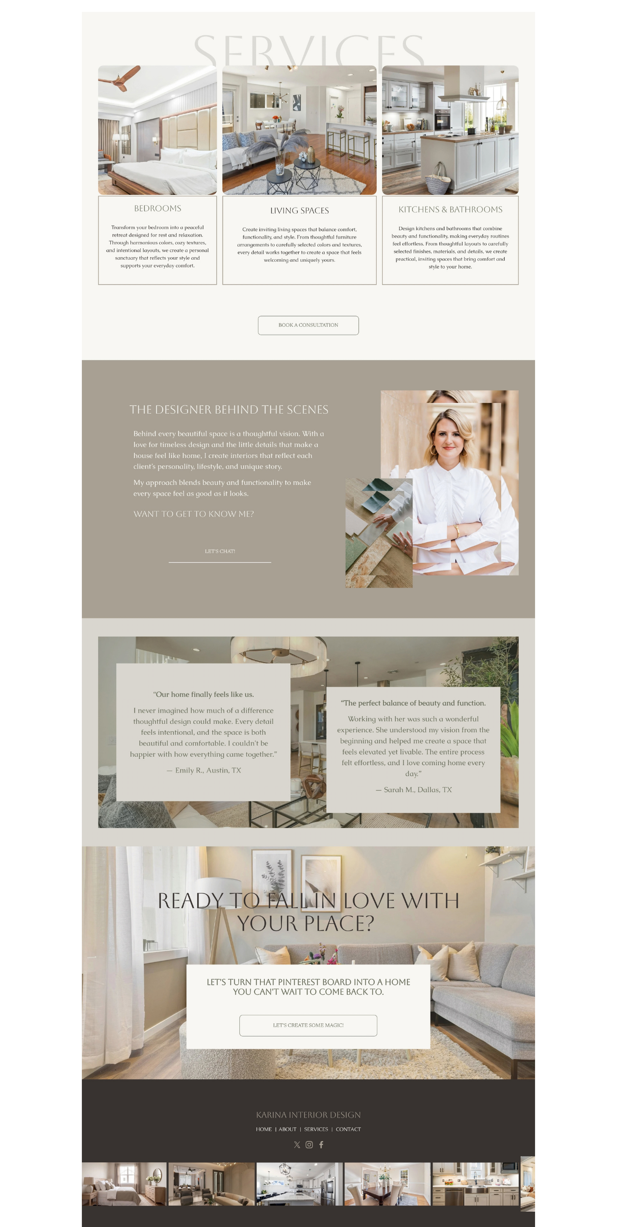 Interior design website homepage showcasing different home spaces: bedrooms, living spaces, kitchens, and bathrooms, with images and descriptions, along with a section about the designer and client testimonials.