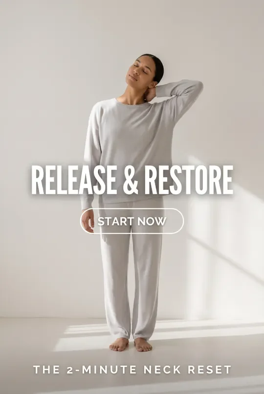 Woman in grey loungewear with eyes closed and head tilted back, hand resting on neck in a moment of pain relief and relaxation