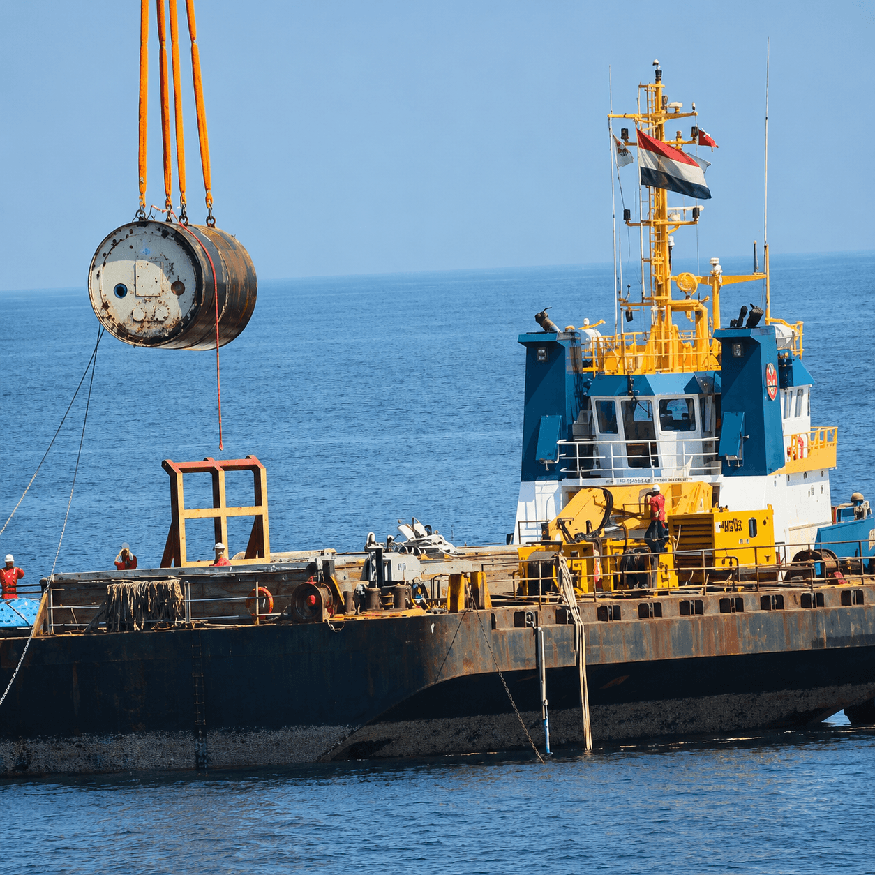 Industrial crane lowers heavy equipment onto a barge used for offshore oil and gas operations.