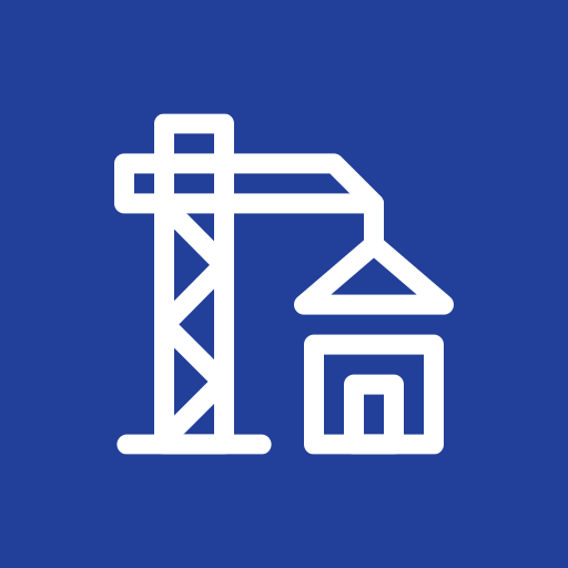 Outline icon of a house being lifted by a crane on a blue background.
