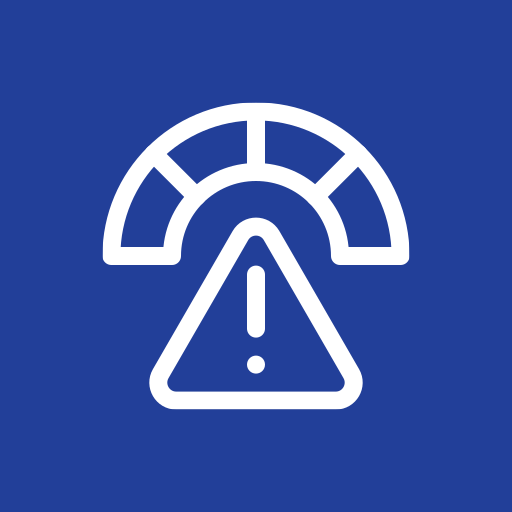 Gauge with warning triangle icon, indicating a critical alert, risk, or performance issue.
