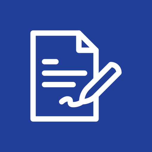 Document and pen icon signing a paper, representing contracts, forms, or applications.