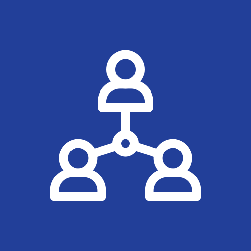 Network of three people icons, showing connections or an organizational hierarchy on a blue background.