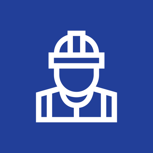 Outline illustration of a construction worker in a hard hat on a blue background.
