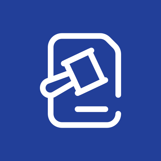 Gavel and legal document icon on a blue background, representing law, justice, and court proceedings.
