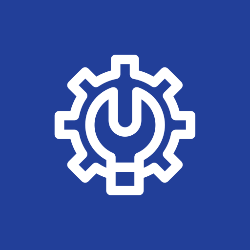 White wrench and gear icon on a blue background, symbolizing settings, tools, repair, or maintenance operations.