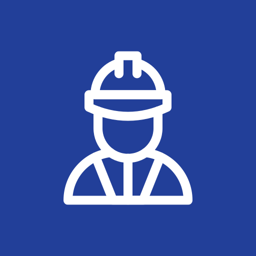 Outline icon of a construction worker wearing a hard hat, white against a blue background.