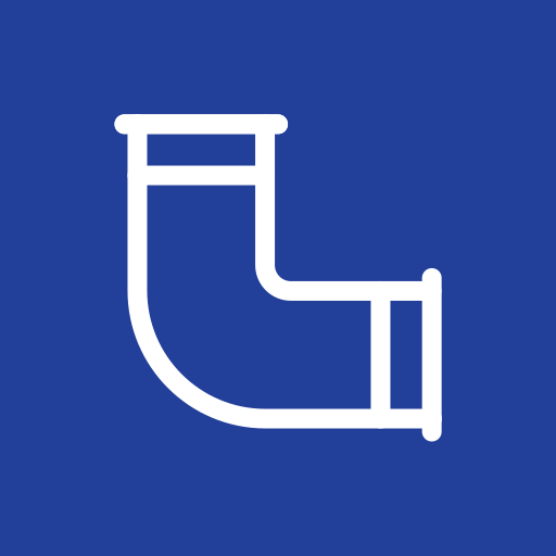 White outline icon of an L-pipe or elbow joint against a solid blue background.