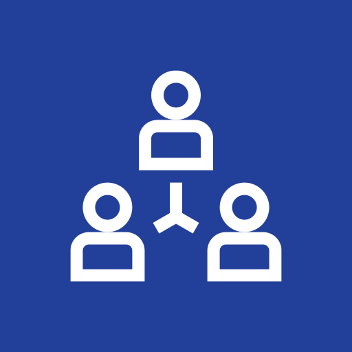White outline of people connected, representing a team, network, or hierarchical organization on a blue background.