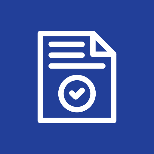 Document icon with a checkmark on a blue background, symbolizing completed tasks, approvals, or verified files.