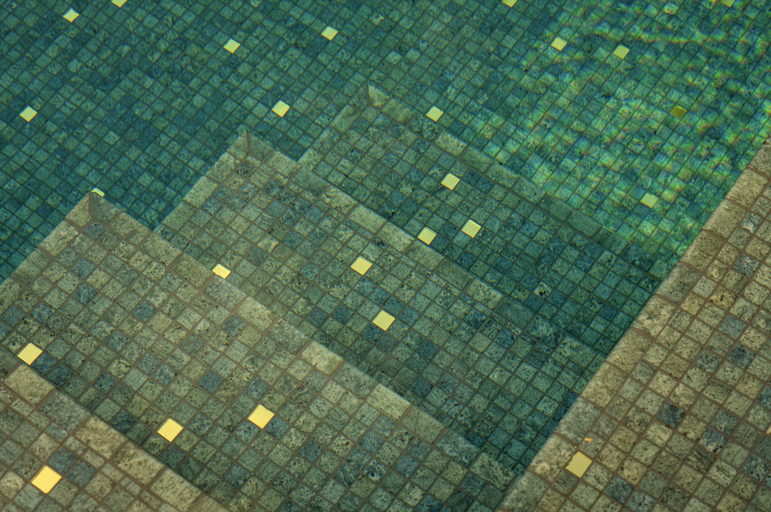 Close-up view of a microchip or semiconductor wafer with a grid pattern and reflective surface.