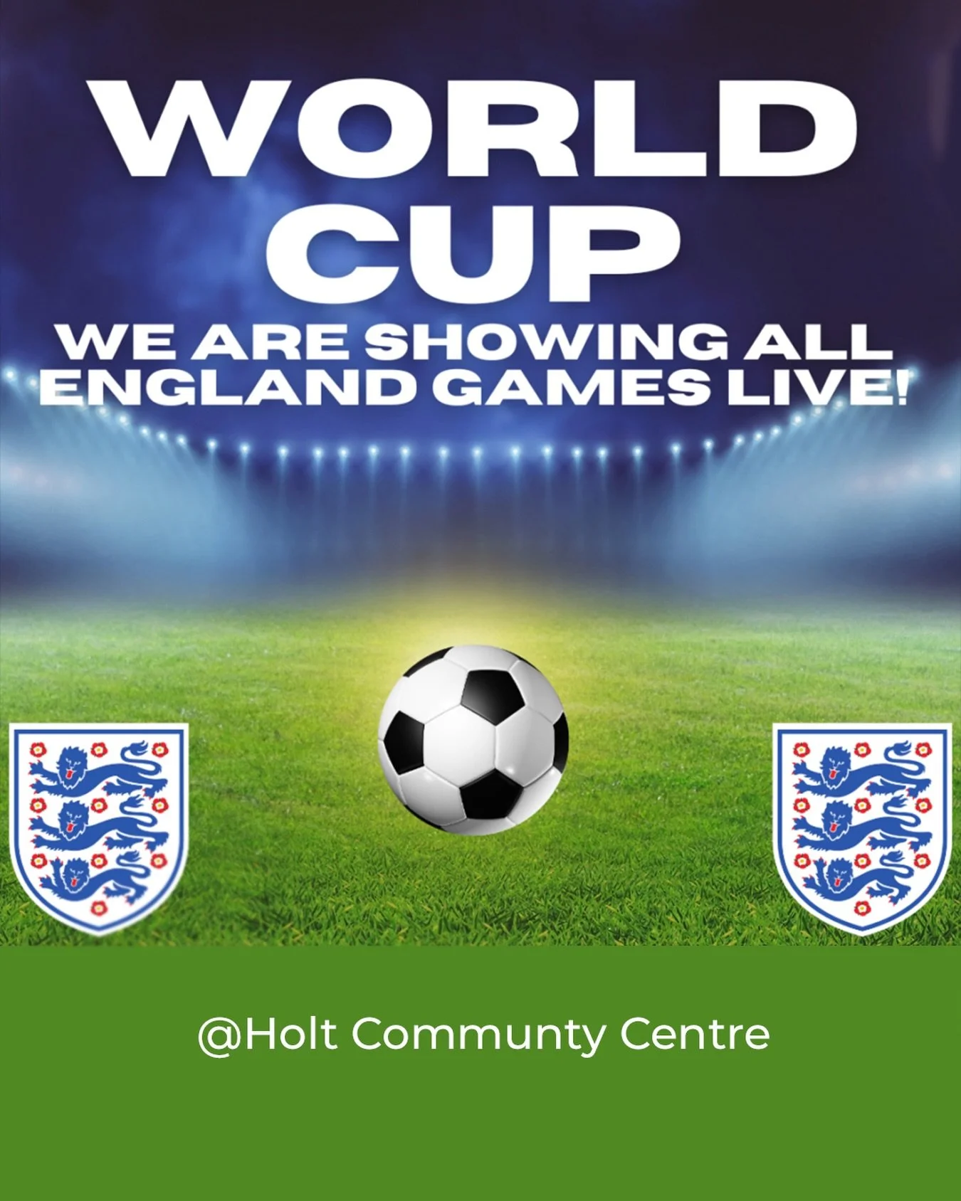 Big games. Big atmosphere. Big screen ⚽🔥
Watch England in the World Cup live in Holt with fellow supporters at Holt Community Centre.

Fixtures &amp; updates: Holt Community Centre Events
#WorldCup #HoltCommunityCentre #WhatsOnHolt #FootballNight #B