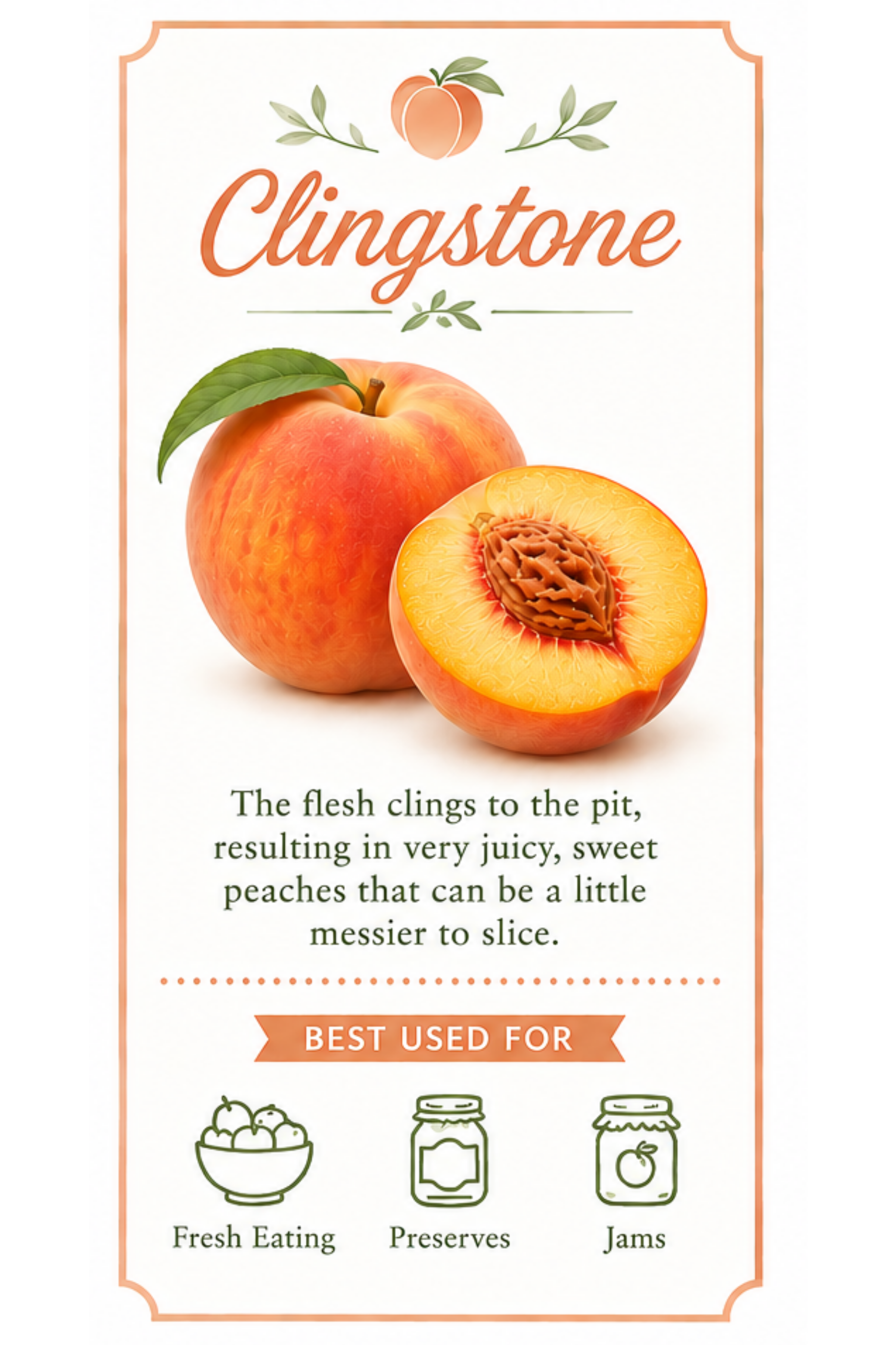 Clingstone peach variety guide card featuring a ripe peach and a peach half with the pit firmly attached to the flesh. Clingstone peaches are extra juicy and sweet, making them popular for fresh eating, jams, and preserves.