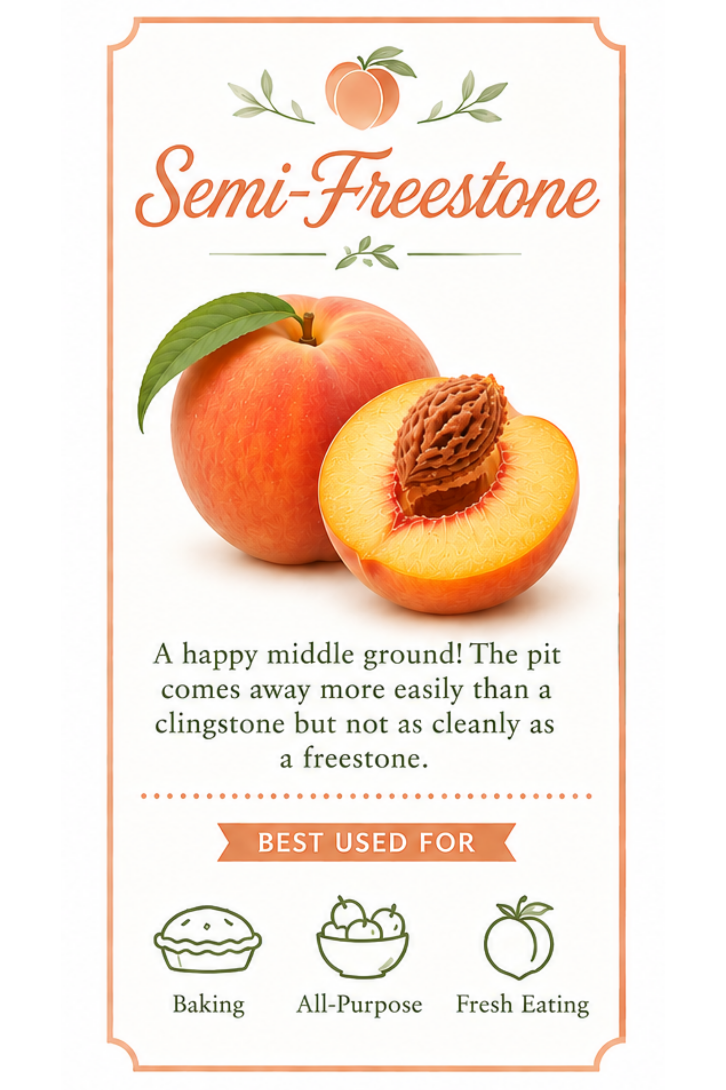 Semi-freestone peach variety guide card featuring a ripe peach and a peach half with the pit slightly lifted from the flesh. Semi-freestone peaches offer a balance between freestone and clingstone varieties and are well suited for baking, fresh eatin