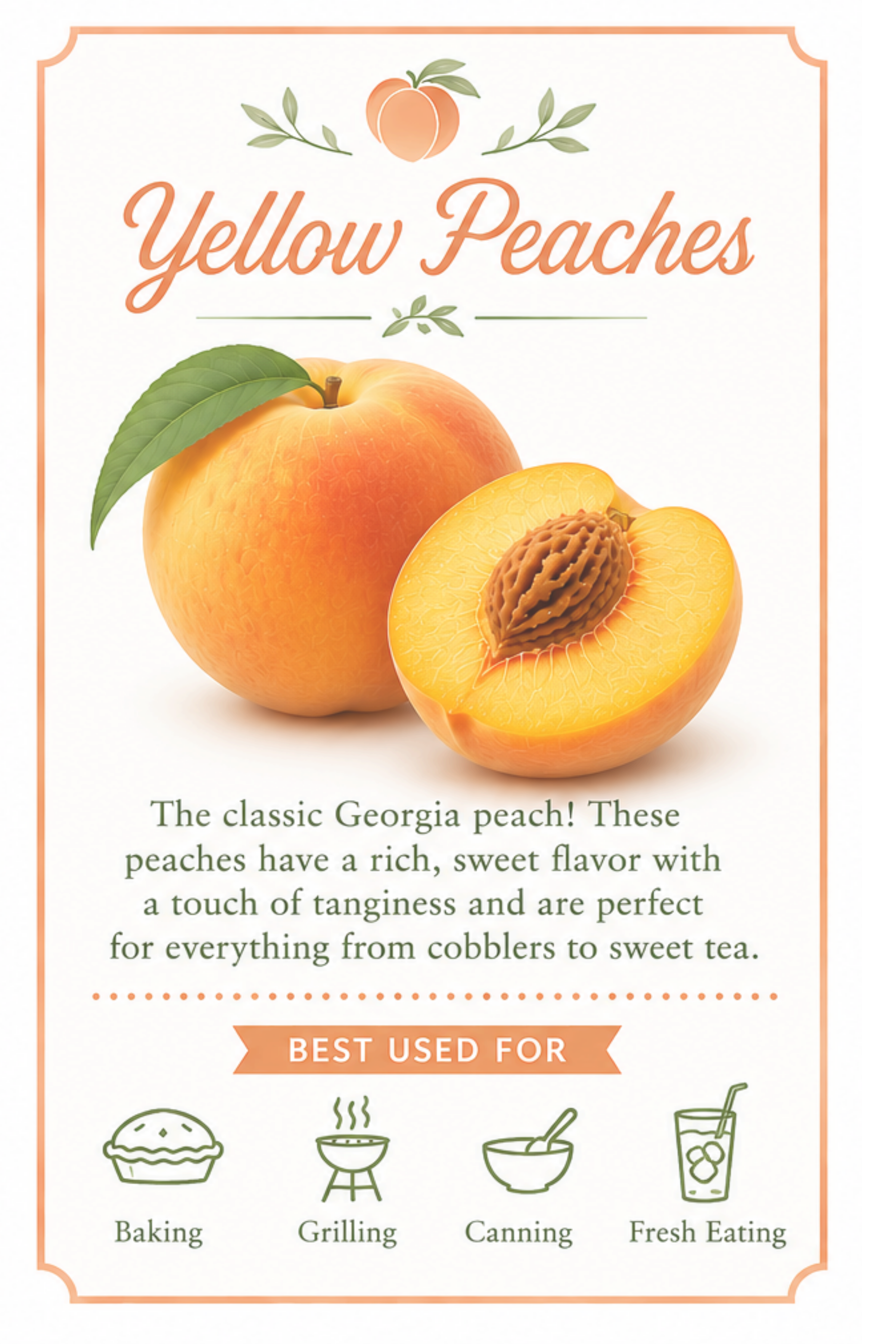 Yellow peach variety guide card showing a ripe Georgia yellow peach and sliced peach with golden flesh. Yellow peaches have a rich sweet flavor with mild acidity and are commonly used for cobblers, pies, grilling, canning, and fresh eating.