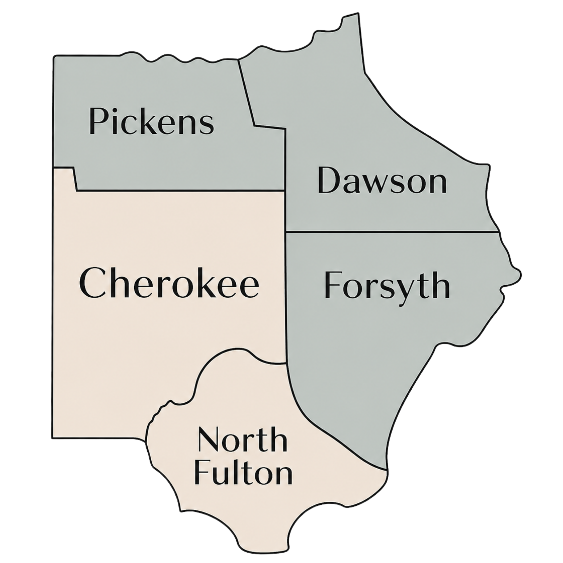 Image of North Georgia Communities Served Map, including Pickens County, Cherokee County, Dawson County, Forsyth County, and North Fulton County