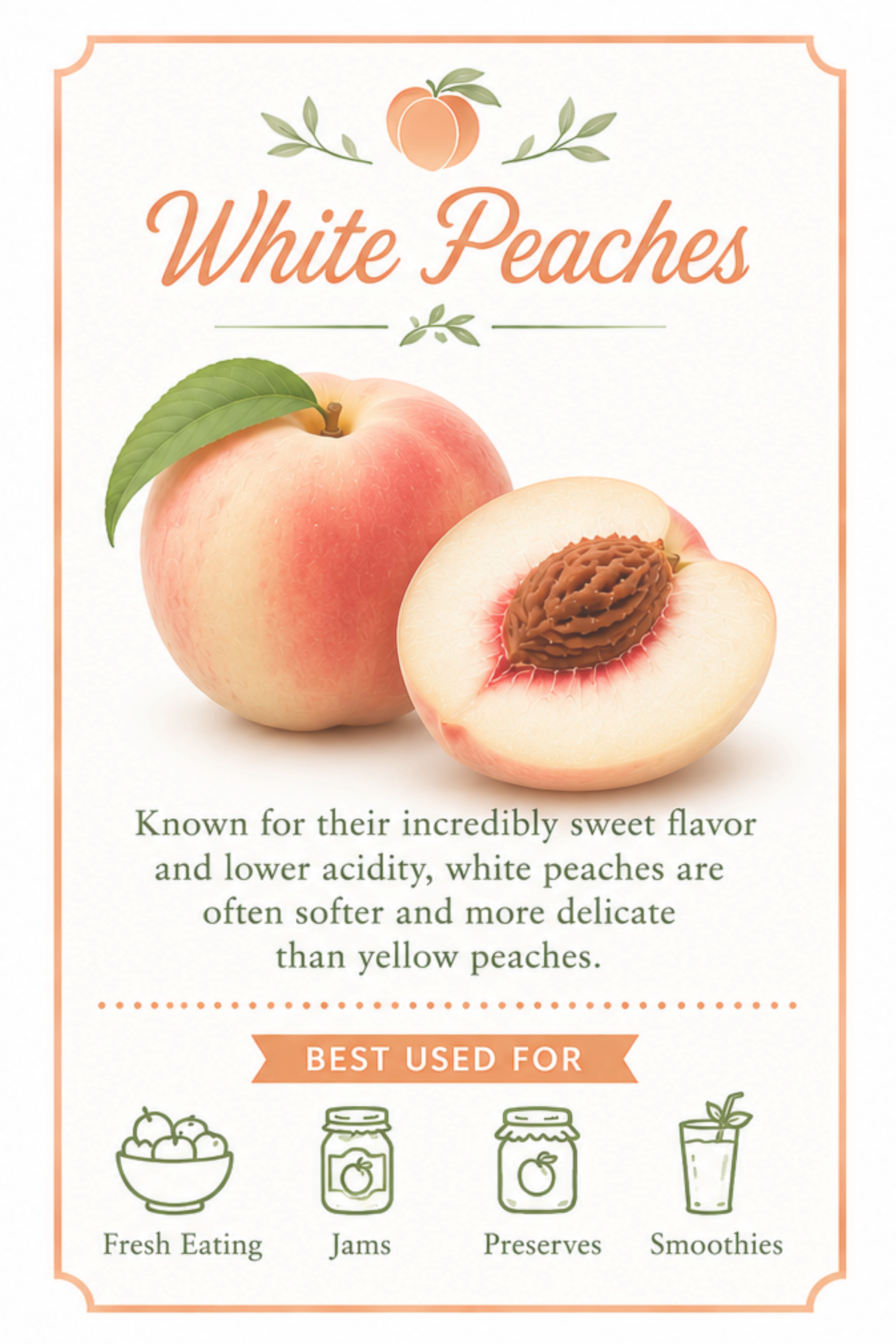 White peach variety guide card showing a ripe white peach and sliced peach with pale flesh. White peaches are prized for their extra-sweet flavor, low acidity, and tender texture and are often enjoyed fresh, in smoothies, jams, and preserves.