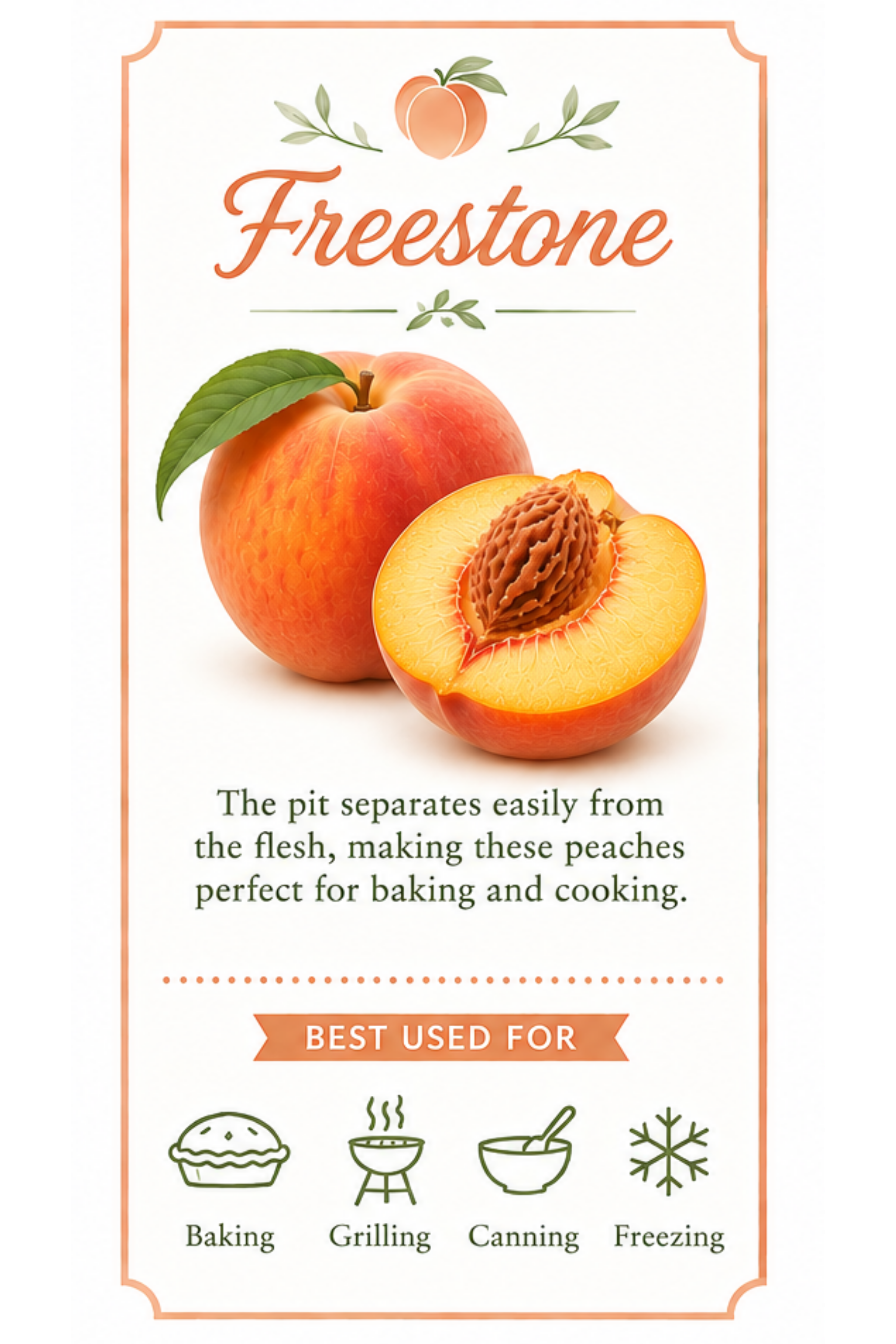 Freestone peach variety guide card featuring a ripe peach and a peach half with the pit partially lifted away from the flesh. Freestone peaches are known for pits that separate easily from the fruit, making them ideal for baking, grilling, canning, a