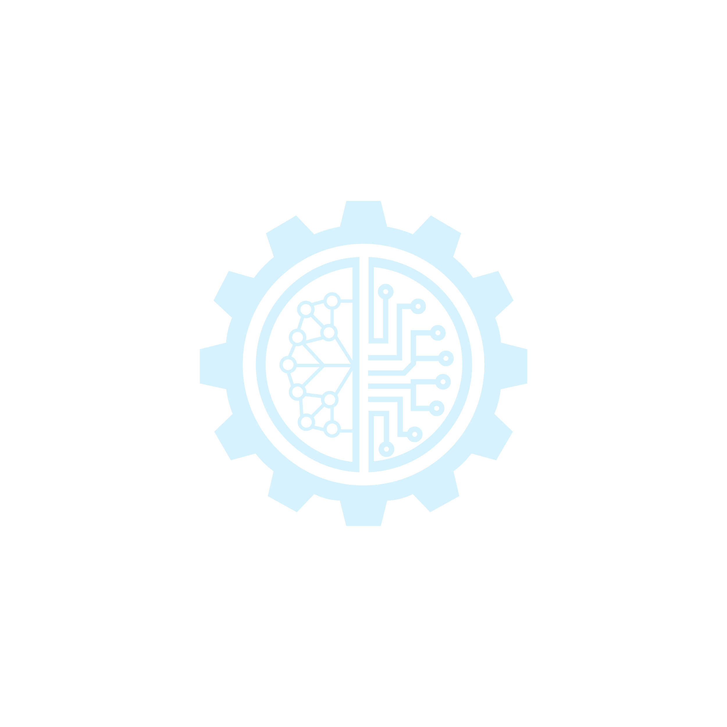 Symbol eines Zahnrads mit einem Kreis, der ein Chip-Design enthält, auf schwarzem Hintergrund.