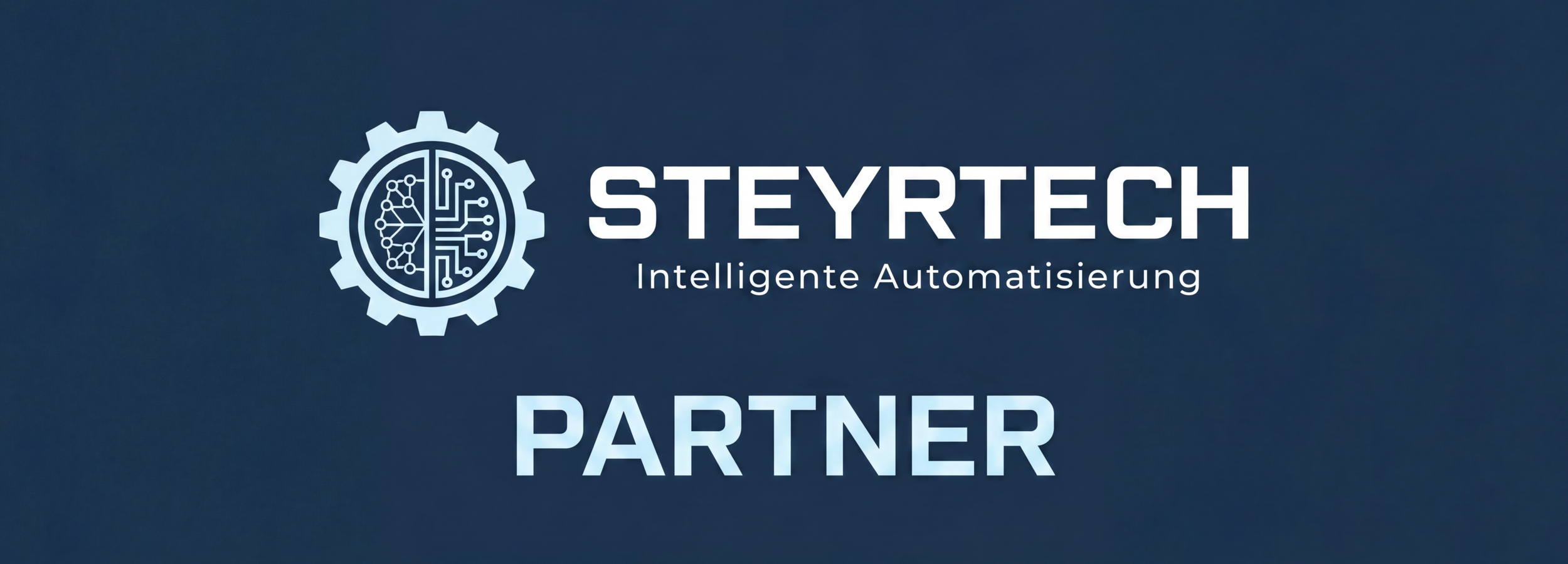 Das Bild zeigt ein Logo mit Zahnrad und digitalem Gehirn, daneben den Text 'STEYTECH Intelligente Automatisierung' und darunter das Wort 'PARTNER' in Großbuchstaben.