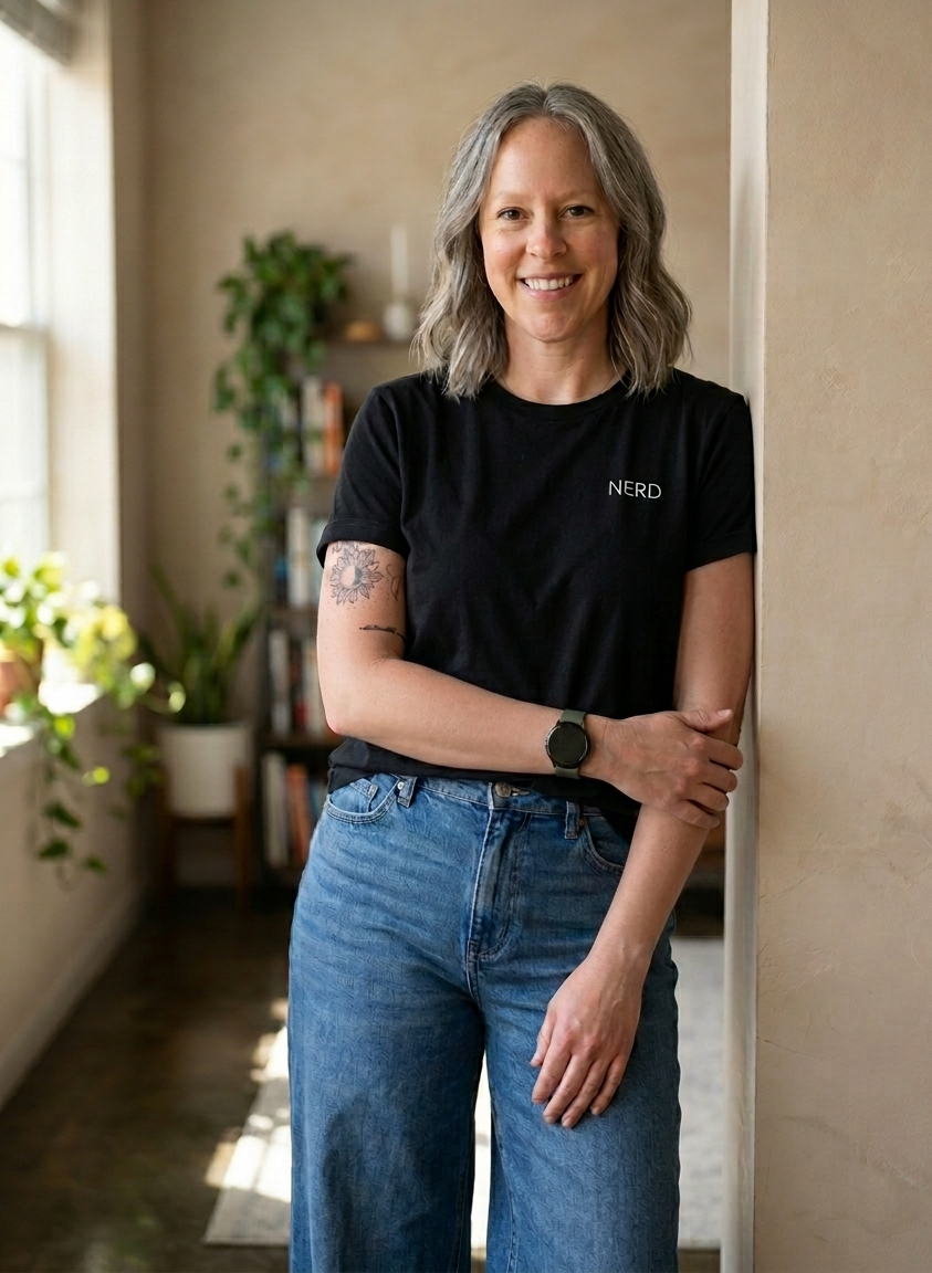 Amber standing leaning against a wall