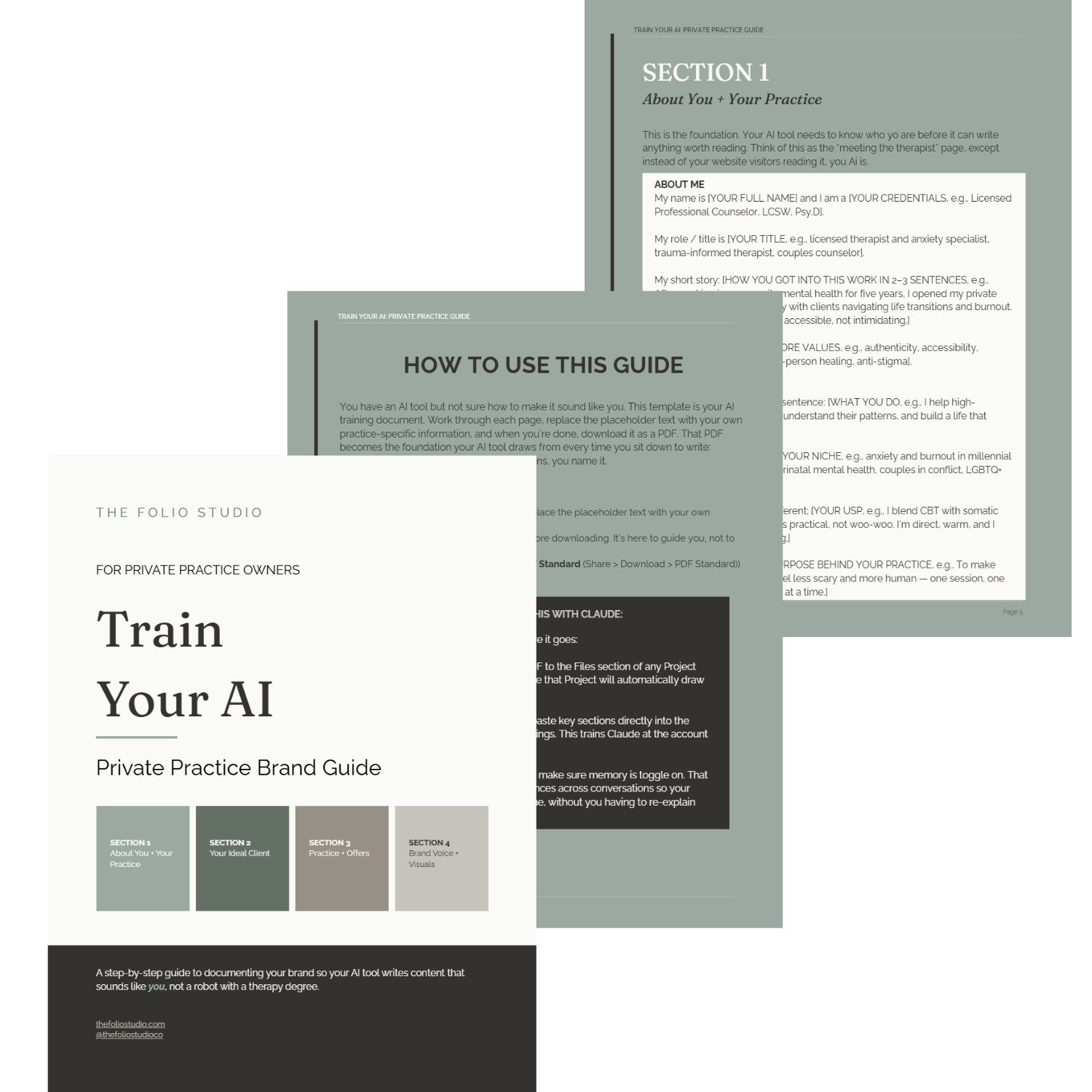 A multi-page document titled 'Train Your AI Private Practice Brand Guide' with sections on how to use the guide, about the creator, and practice offers. The pages include text blocks, color swatches, and a dark footer.