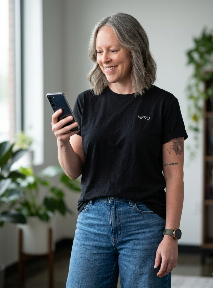 Amber is standing holding the phone looking down at it