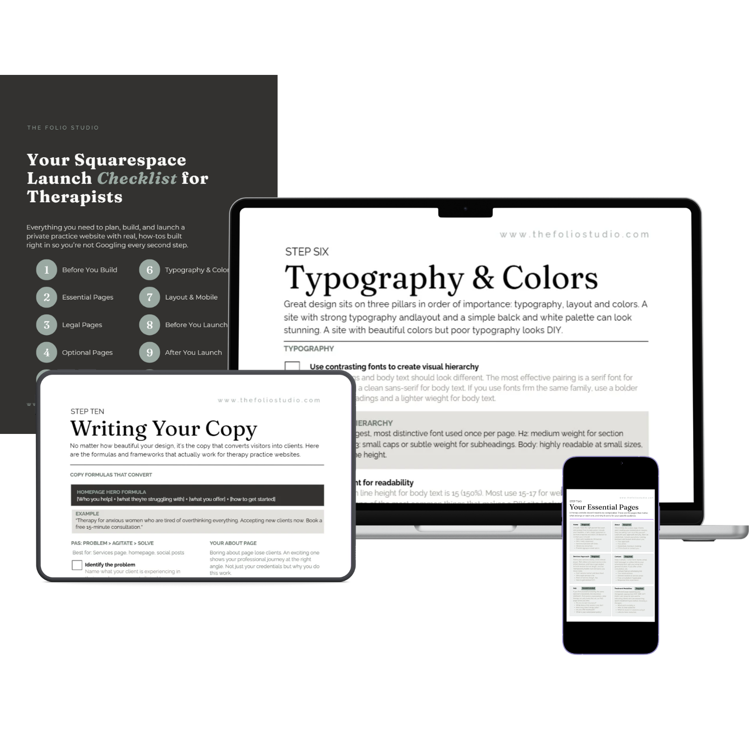Multiple electronic devices displaying pages of a website planning guide with tips for launching a Squarespace site, including typography, colors, writing content, and essential pages.