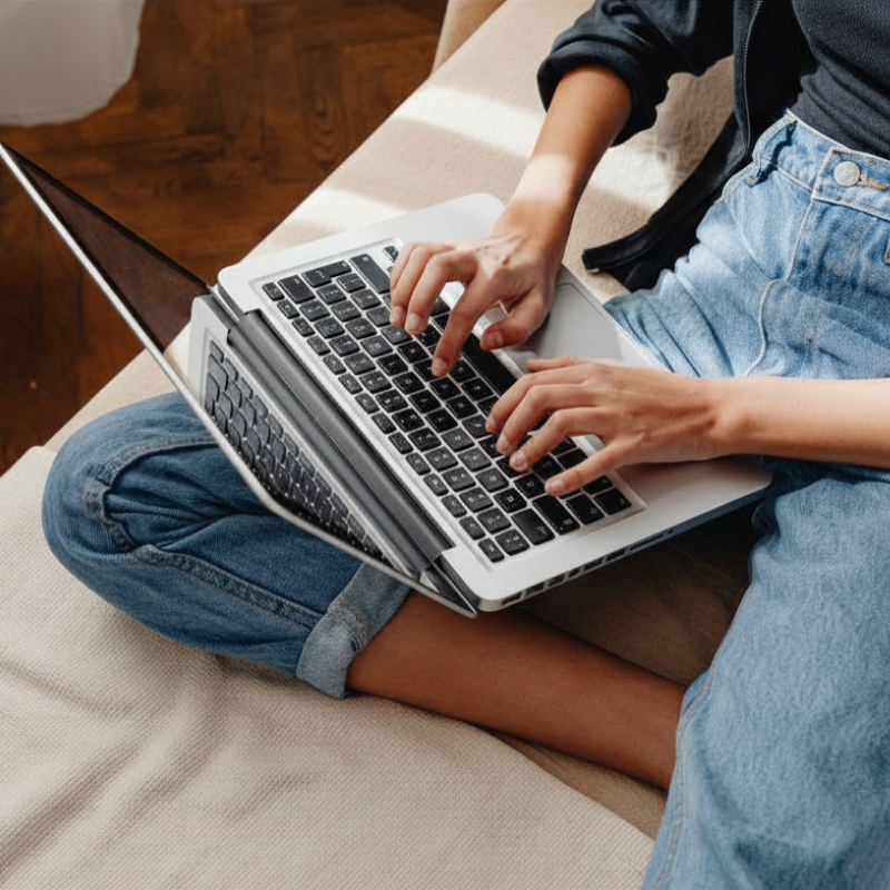 sitting down with laptop on lap typing
