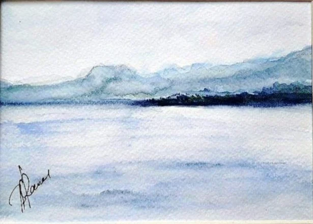 Watercolor painting of a lake with distant mountains and misty sky
