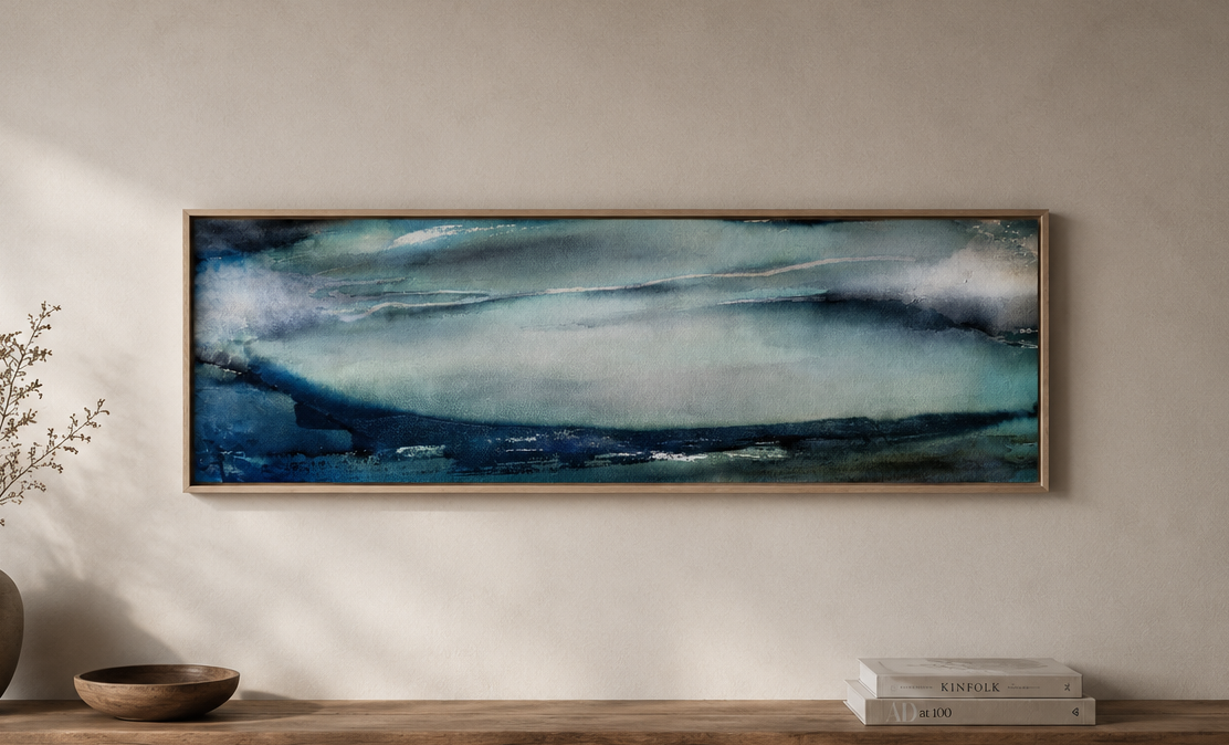 Cold sea 2 cyanotype, watercolour, fine art cotton paper, 75 cm x 28 cm, 2024