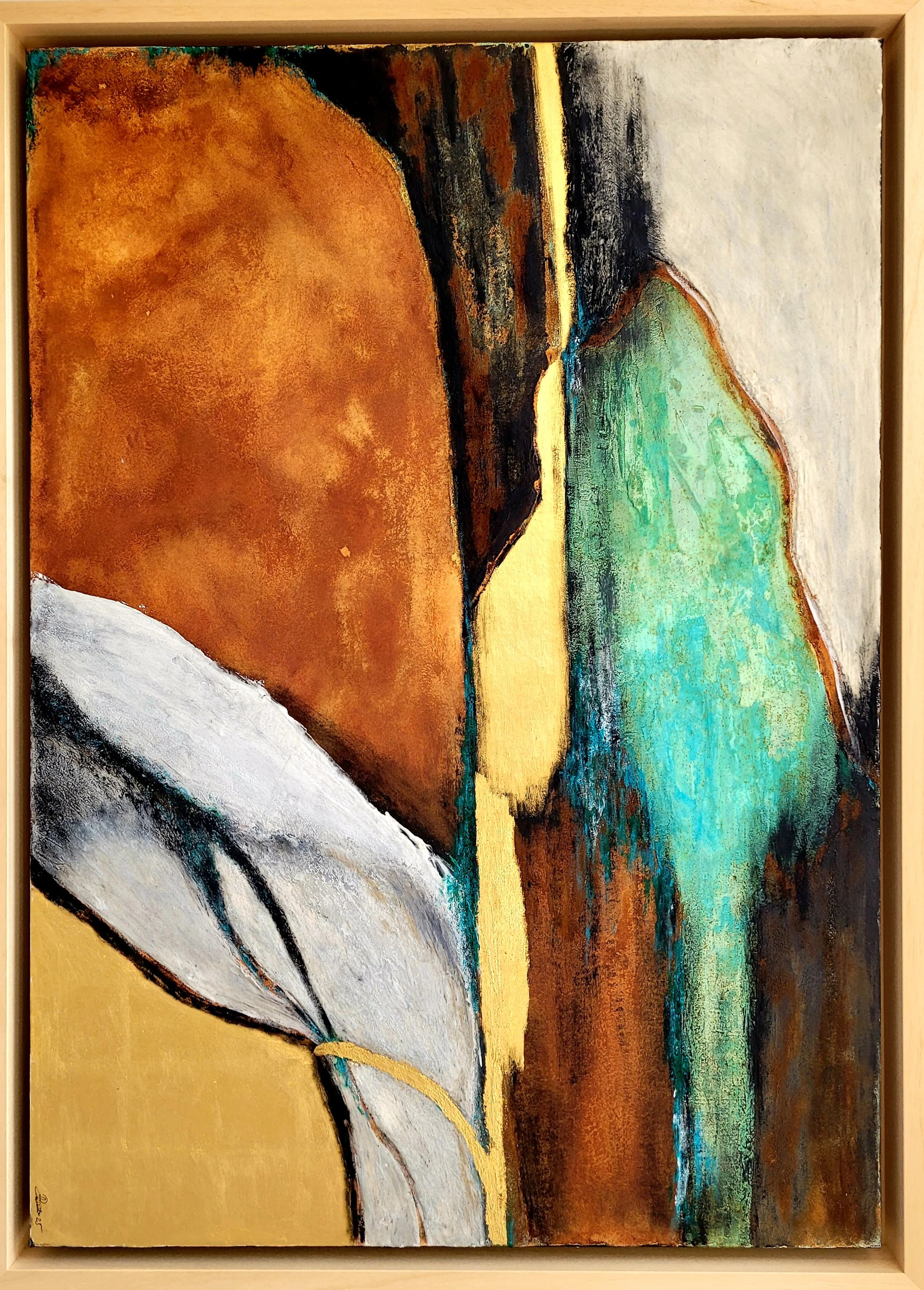 Main elements series. Earth. Stainless Mixed media. Rust. Oxydations. Glass powder. Oil. Golden leaf 22 carats.Paper mounted on wood board. 70 cm x 100 cm. 2025