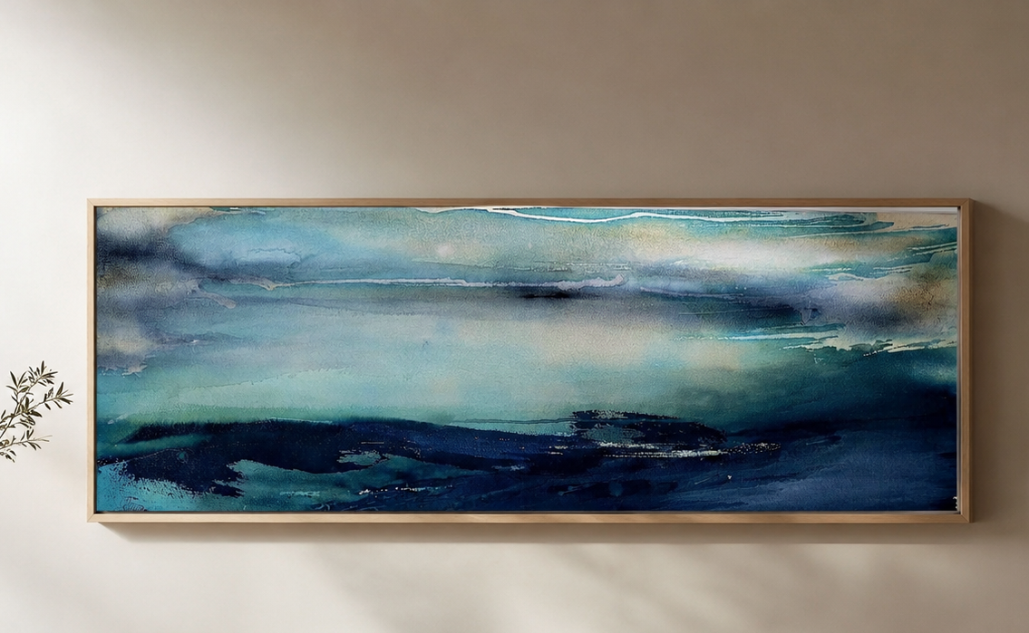 Cold sea 1 cyanotype, watercolour, fine art cotton paper, 75 cm x 28 cm, 2024. Framed