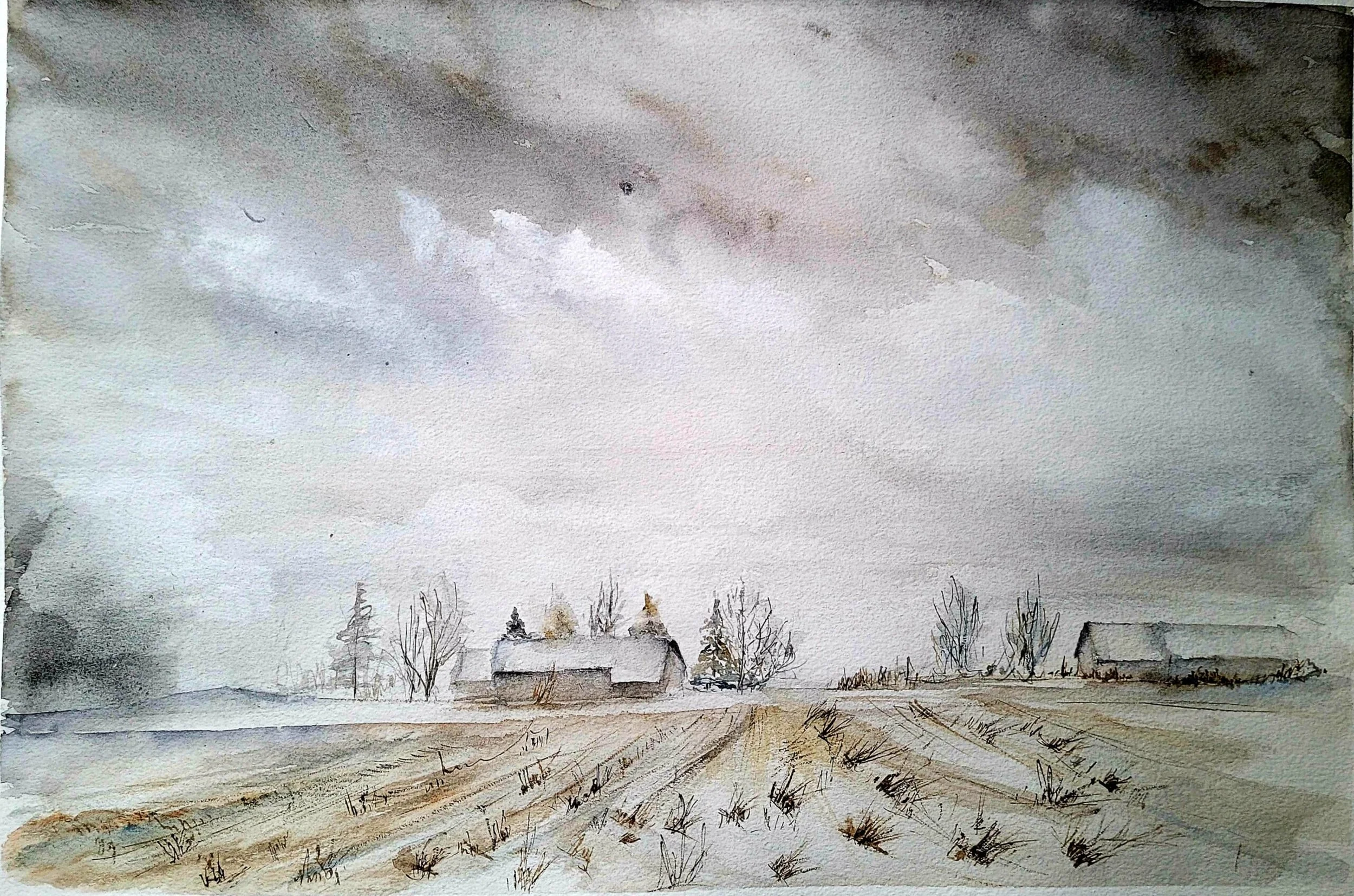 A watercolor painting of a rural landscape with dirt roads, leafless trees, and houses under a dark, cloudy sky.