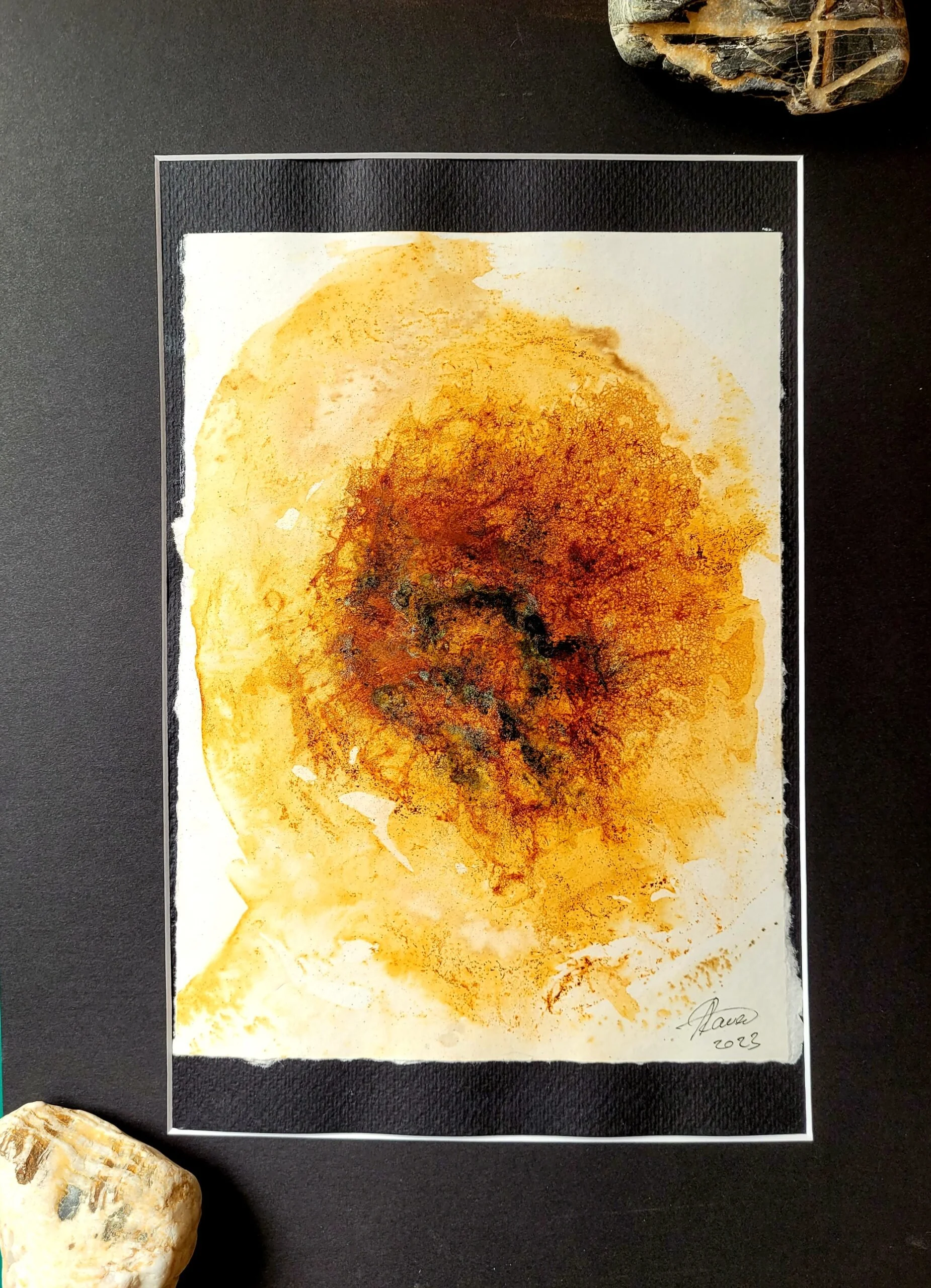 Unique original artwork, handmade and signed by the artist. Rust on paper. 30x40 cm