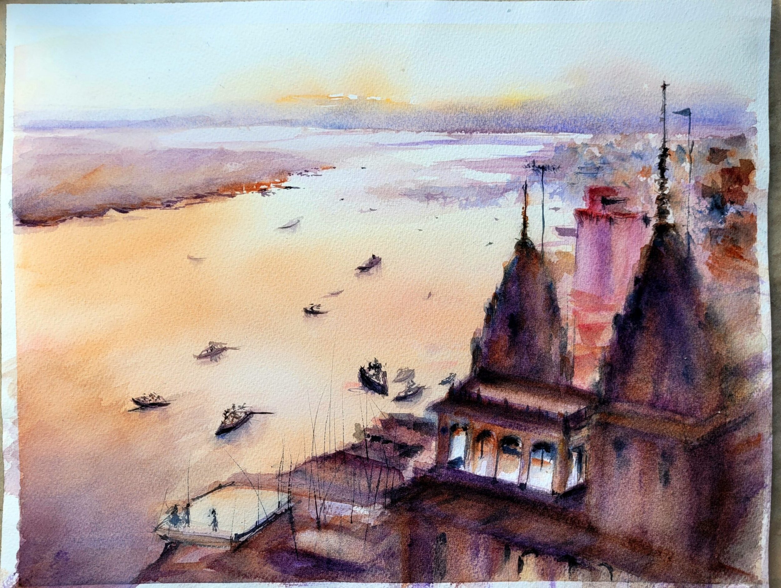 A watercolor painting of a seaside landscape at sunset, featuring a large stone building with antennas on top, boats on the water, and purple and orange hues in the sky.