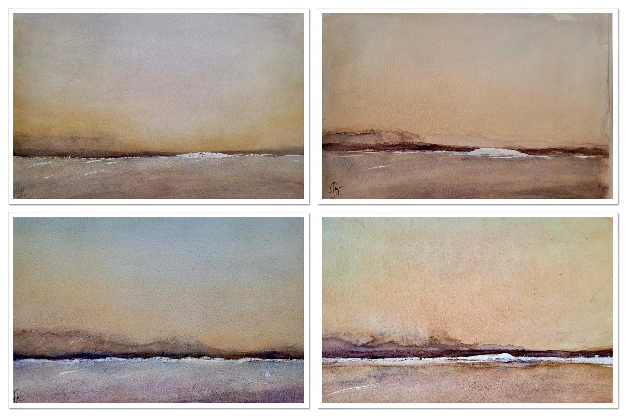 Four watercolor landscape paintings of a horizon over a body of water, with variations in color and tone, arranged in a grid.