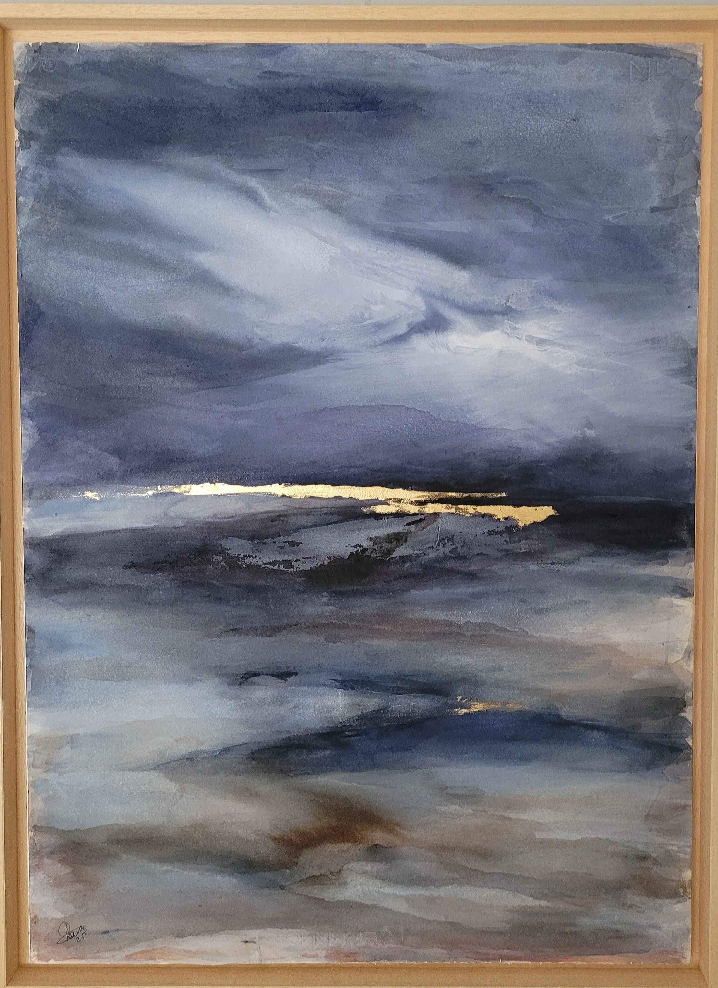 Golden Horizon. Ink and acrylic on fine art paper mounted on wood panel. Gold leaf. 50 x70 cm. Framed 2024