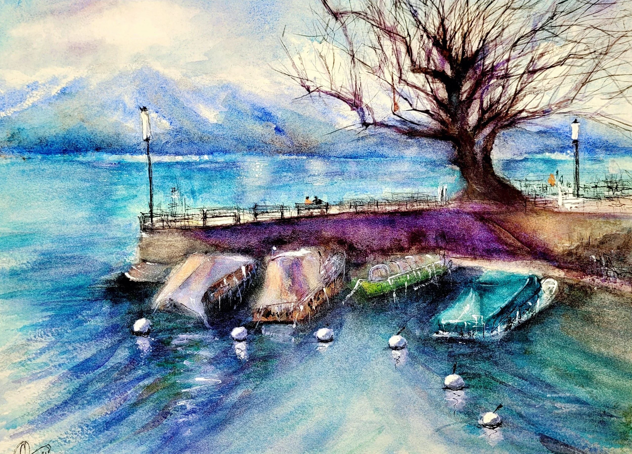 A watercolor painting of a seaside scene featuring a large, leafless tree, a walkway with street lamps, two people sitting on a bench, boats docked at the shore, and calm water with rocks.