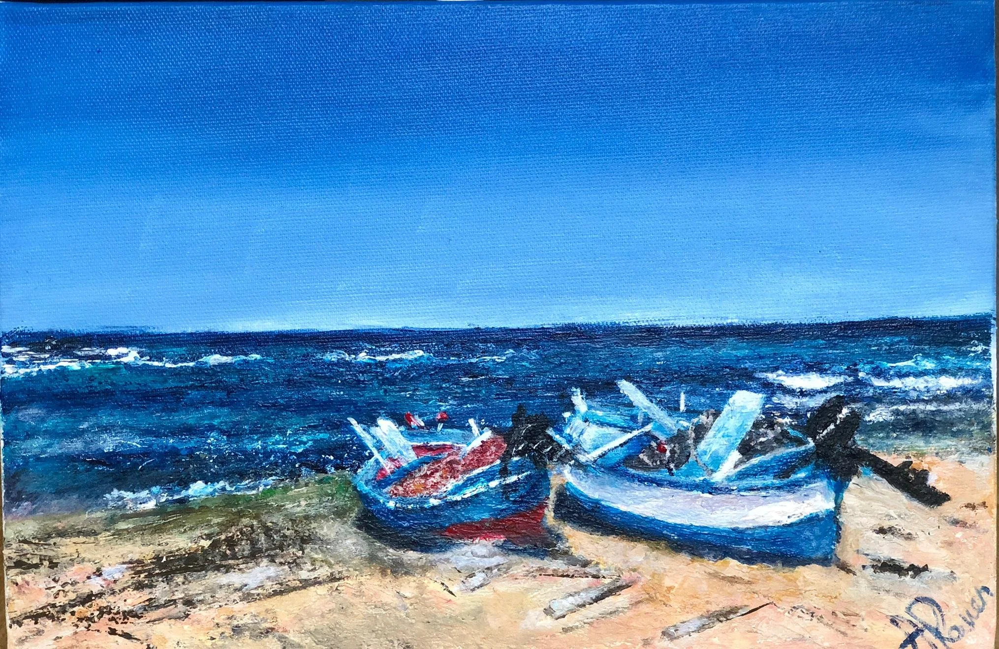 A painting of a beach scene with a boat on the shore, waves in the ocean, and a clear blue sky.