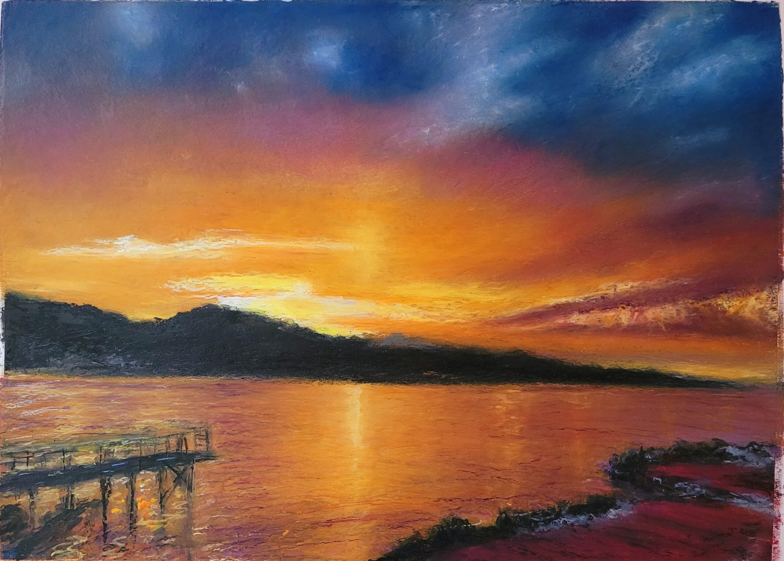 A vibrant oil painting of a sunset over a body of water with dark silhouetted hills in the foreground and a small pier on the left side.