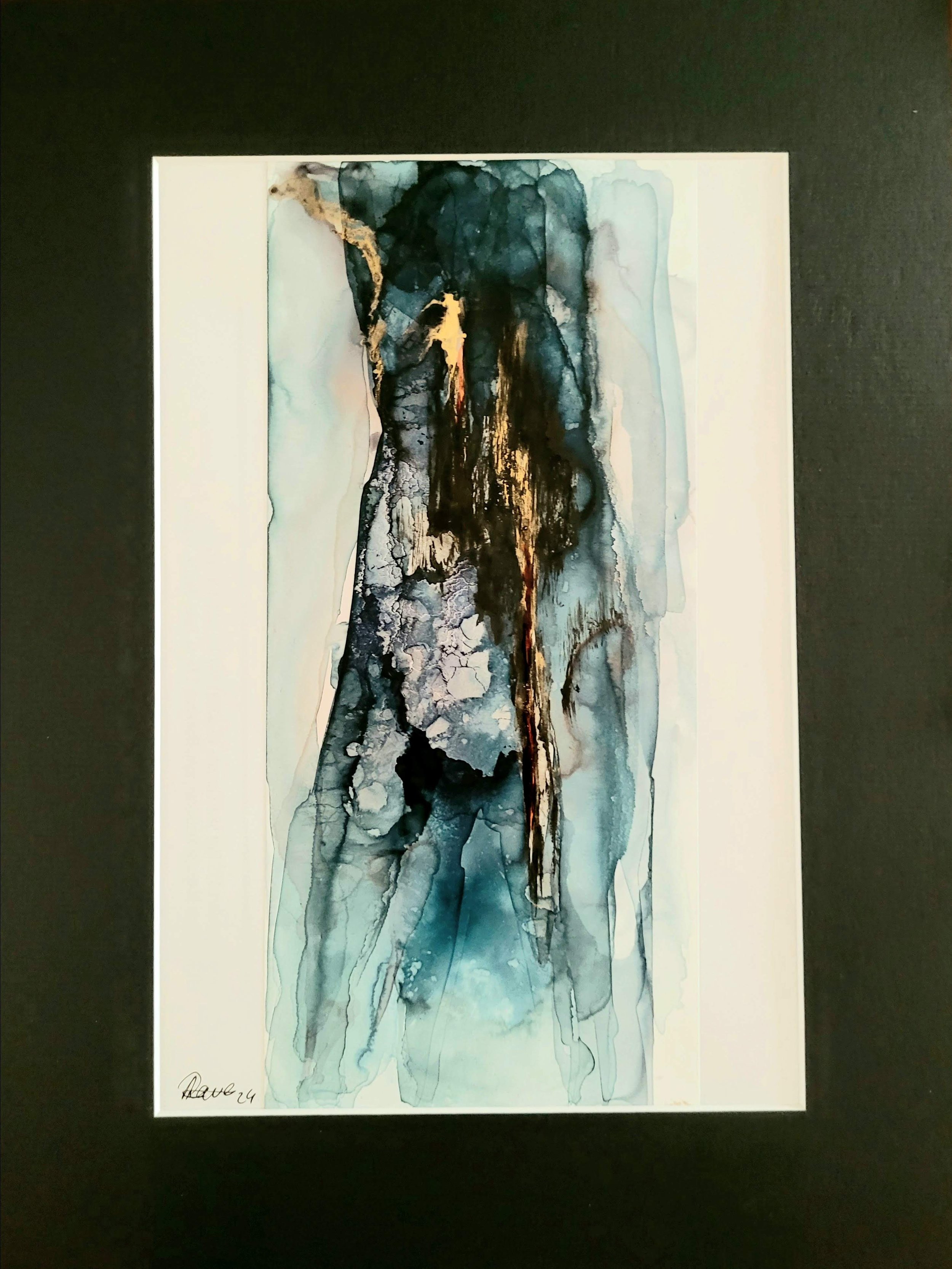 A watercolor painting of a human figure, with abstract dark and earthy tones, some gold accents, and long flowing hair. The painting is signed in the bottom left corner with the date '24'.