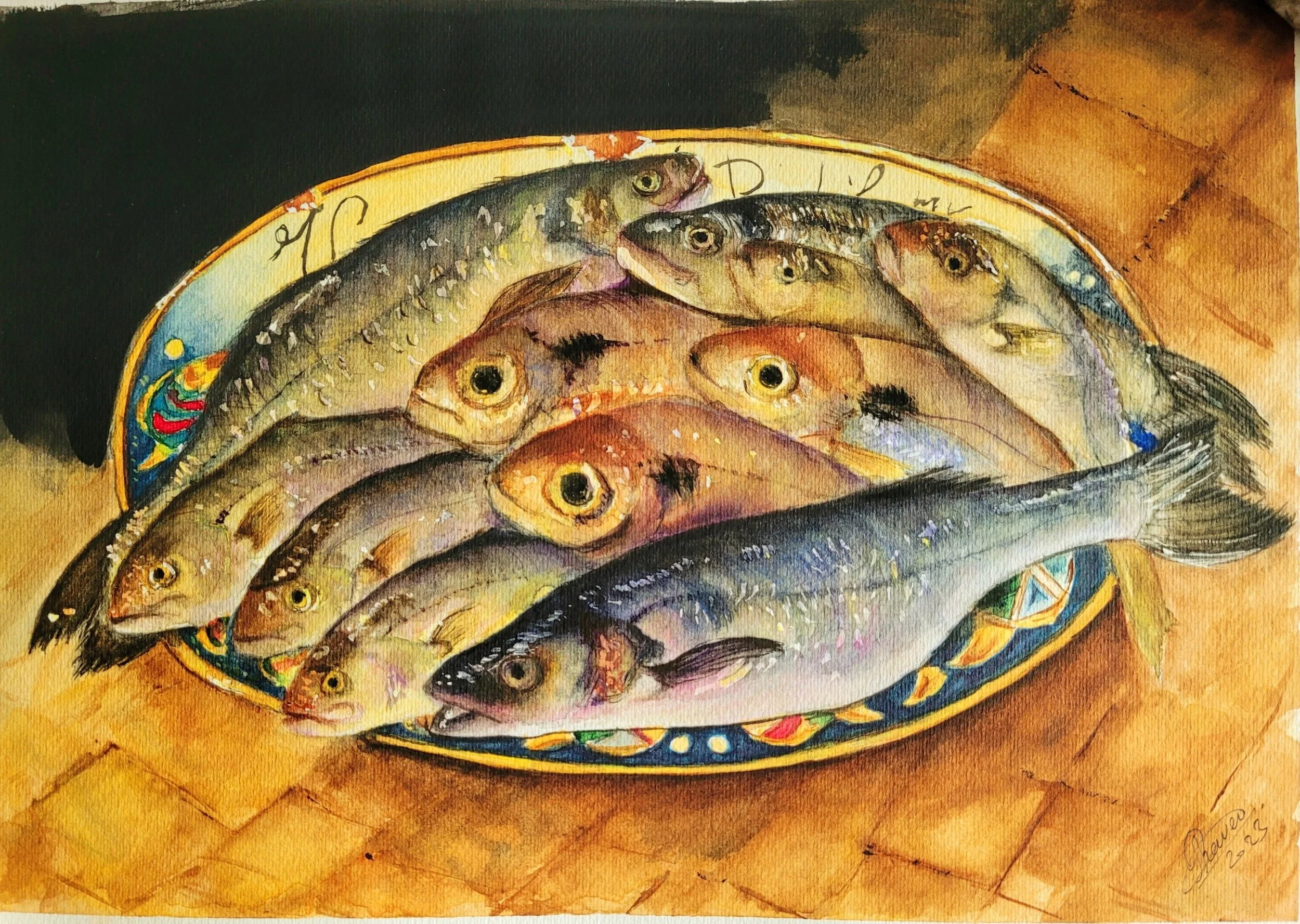 Catch of the day in Taormina’s restaurant
watercolour, 35x50cm, 2023