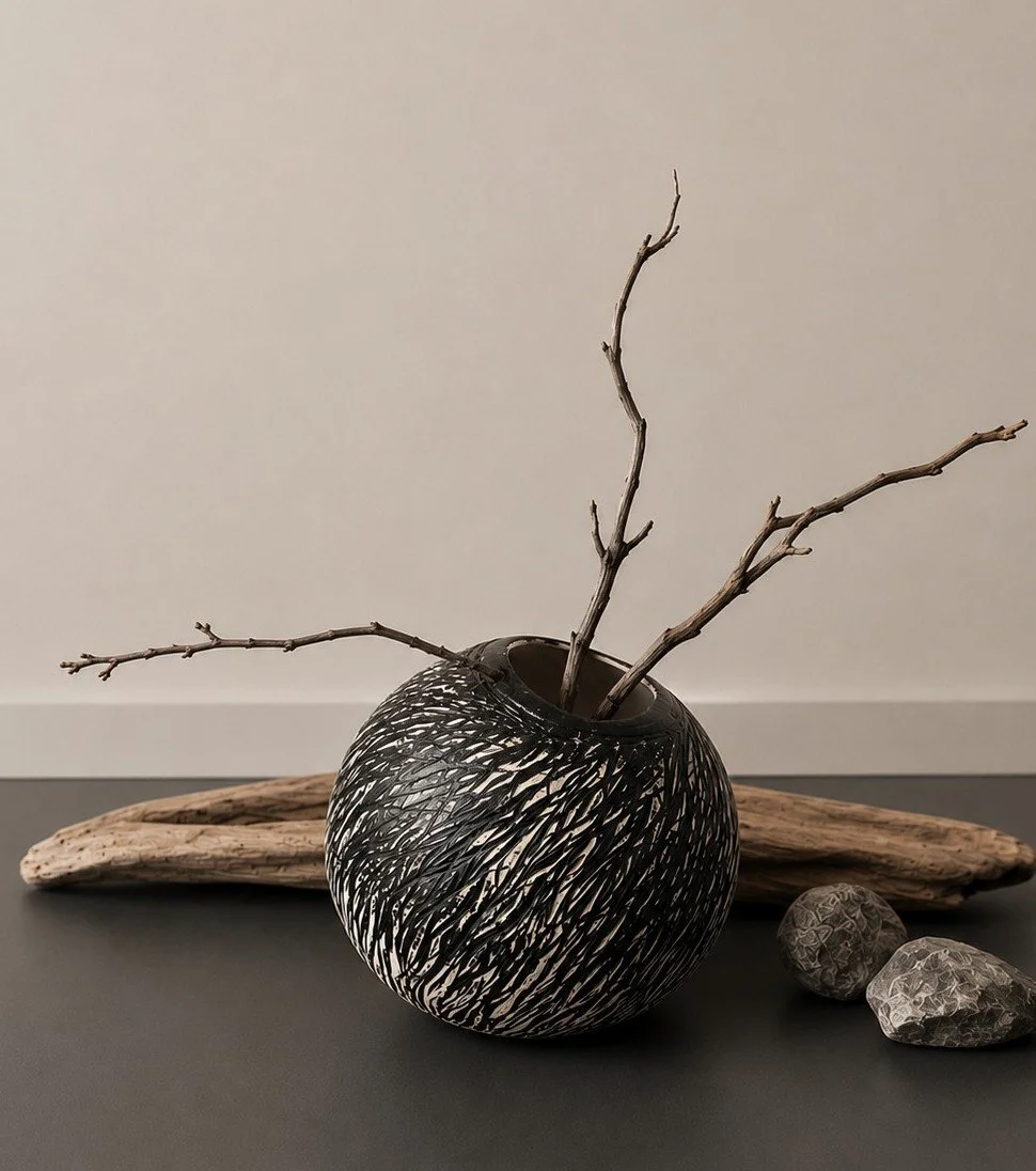 A black and white patterned ceramic vase holding three bare tree branches, placed on a dark surface with a light background, accompanied by a piece of driftwood and two gray rocks.