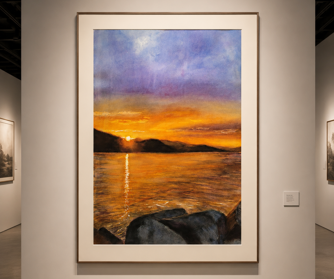 Sunrise in Ligurria 50×70, watercolour on paper, framed, 2024
