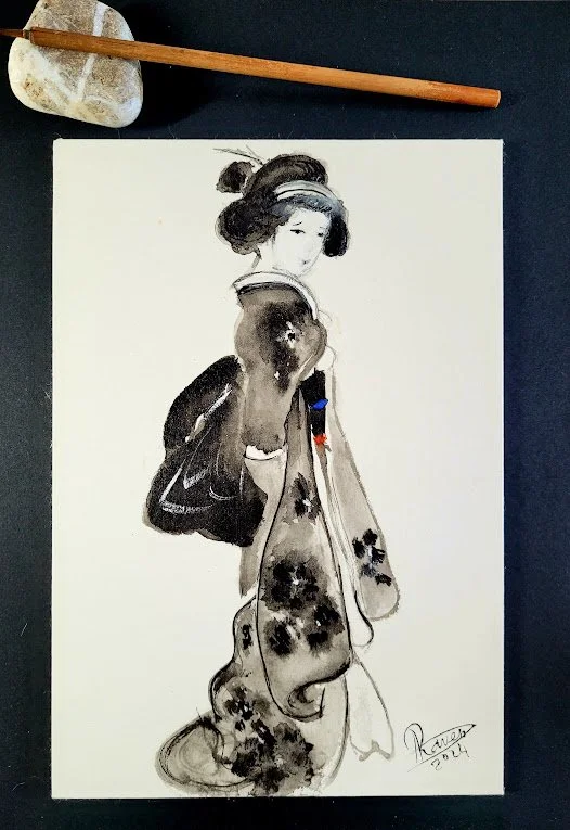 A black and white ink or watercolor portrait of a woman in traditional Japanese attire with her hair styled in a kimono and hair accessories, on a white sheet of paper. There are two small patches of color, red and blue, on her dress, and a signature dated 2024 at the bottom right corner.