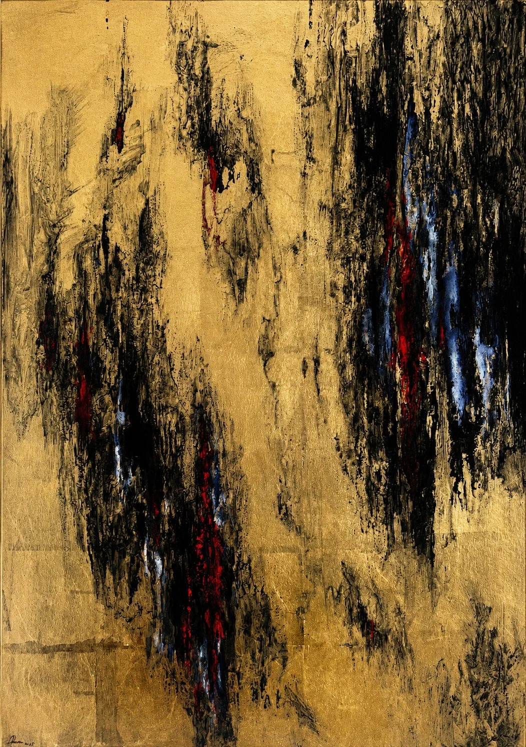 Main elements series. Fire dance.
Mineral pigments, metal leafs on wood panel. 70×100 cm. 2025.