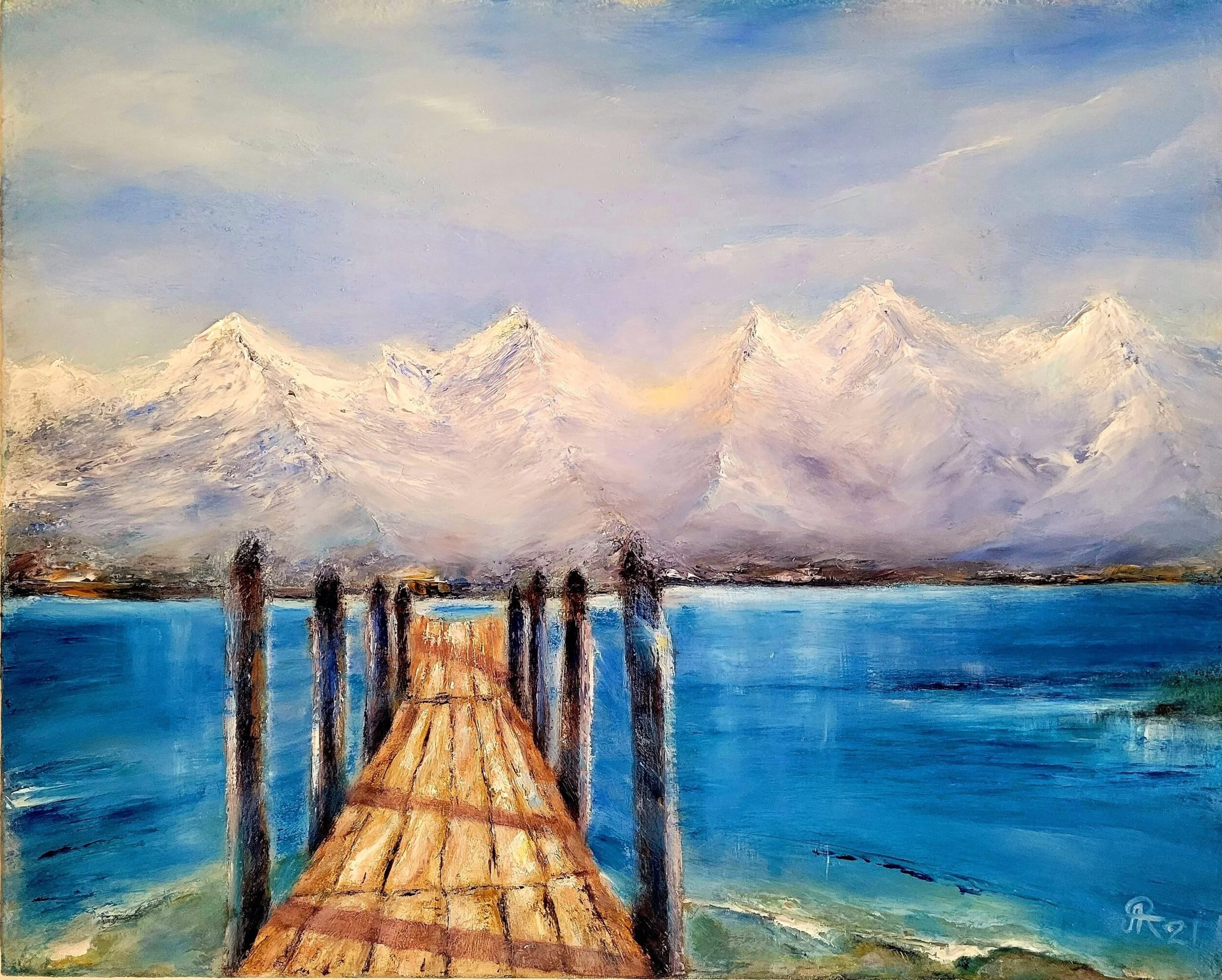 An impressionistic painting of a wooden dock extending into a body of water with mountain peaks in the background, under a sky with soft, pastel-colored clouds.